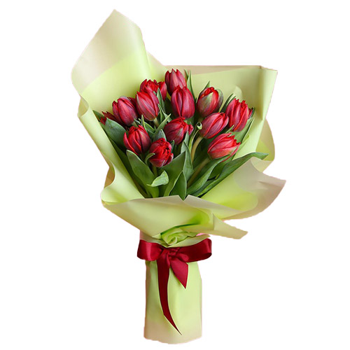 Фото товара 15 красных тюльпанов в зелёной упаковке в Каменец-Подольском