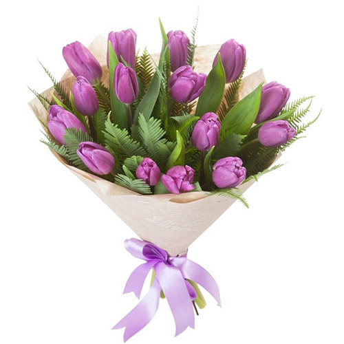 Фото товара 15 фиолетовых тюльпанов с декором в Каменец-Подольском