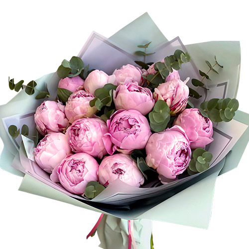 Фото товара 15 светло-розовых пионов с зеленью в Каменец-Подольском