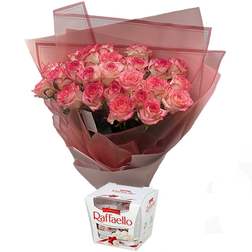 Фото товара 25 рожевих троянд із цукерками в Каменец-Подольском