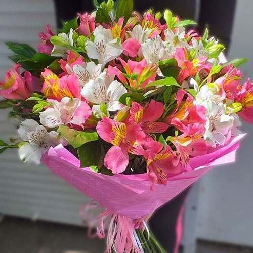 фото большого букета разноцветных альстромерий